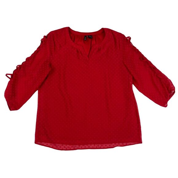 New Directions Red Slit Sleeve Blouse Size L Swiss Dots Polyester Chiffon Lined - Picture 1 of 4